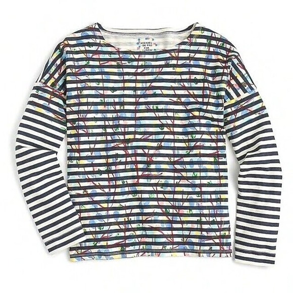J Crew | Michael De Feo Striped T-shirt Size S Blue Floral Crewneck Long Sleeves - Picture 5 of 11
